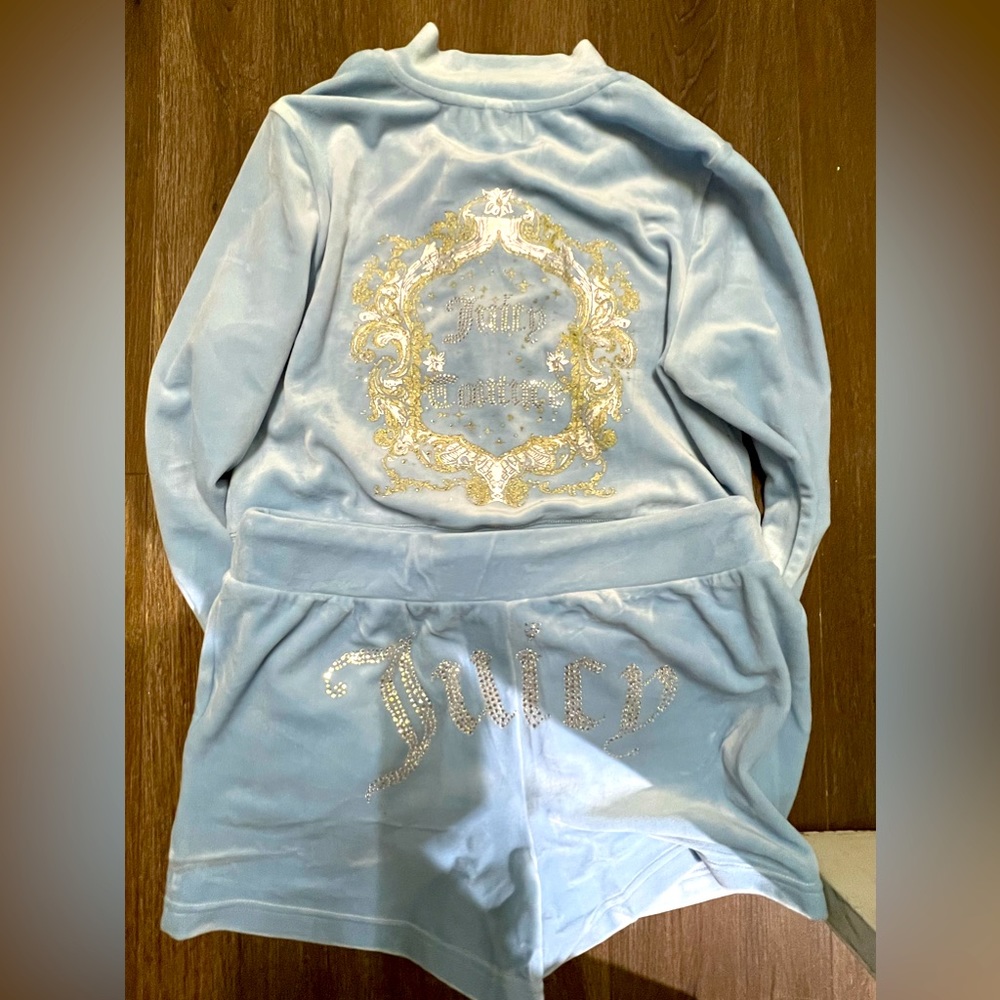 Juicy Couture Bling Velour Cropped Bomber Jacket And Short Set Size M Light Blue